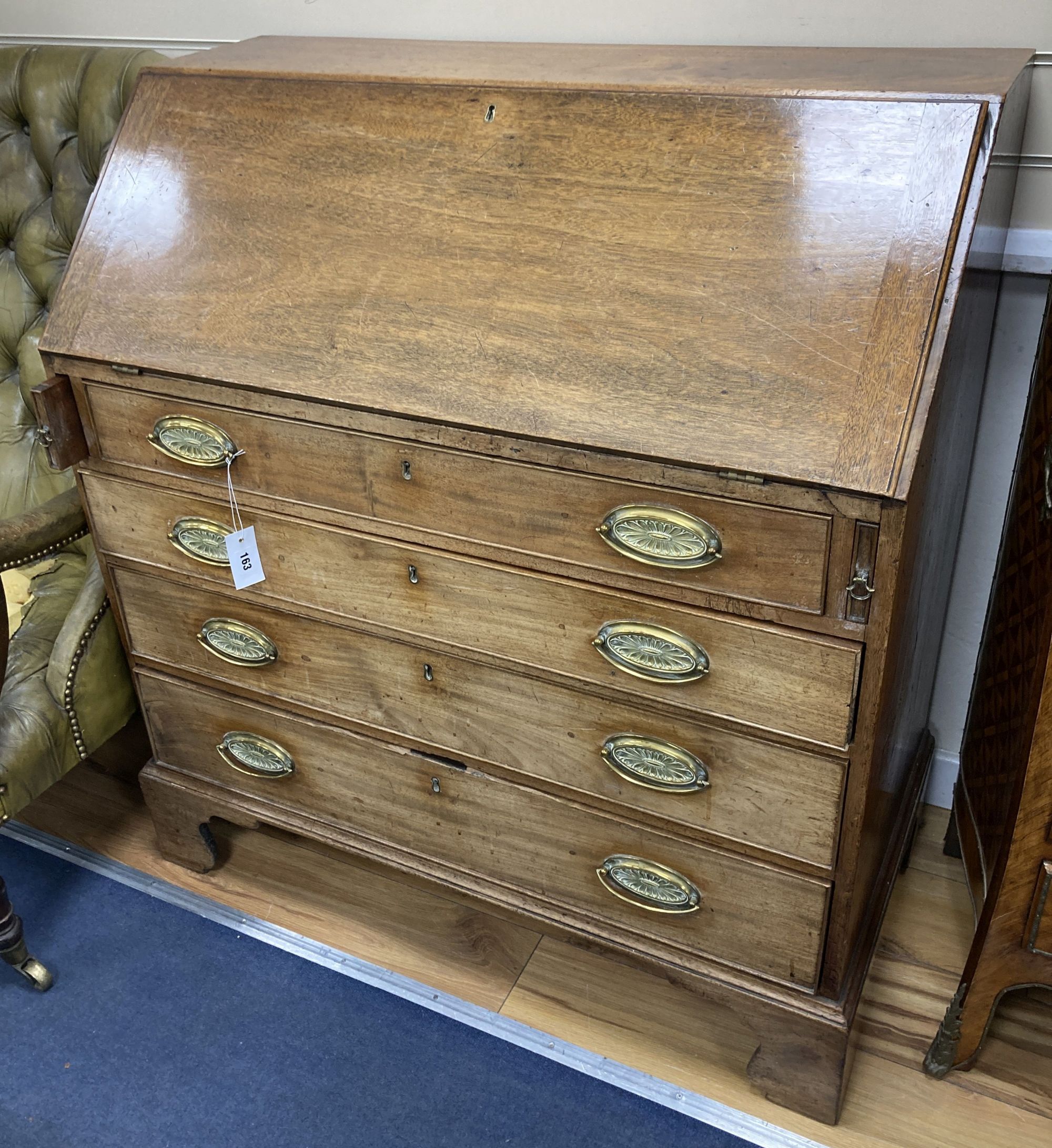 A George III faded mahogany bureau, width 97cm, depth 50cm, height 106cm